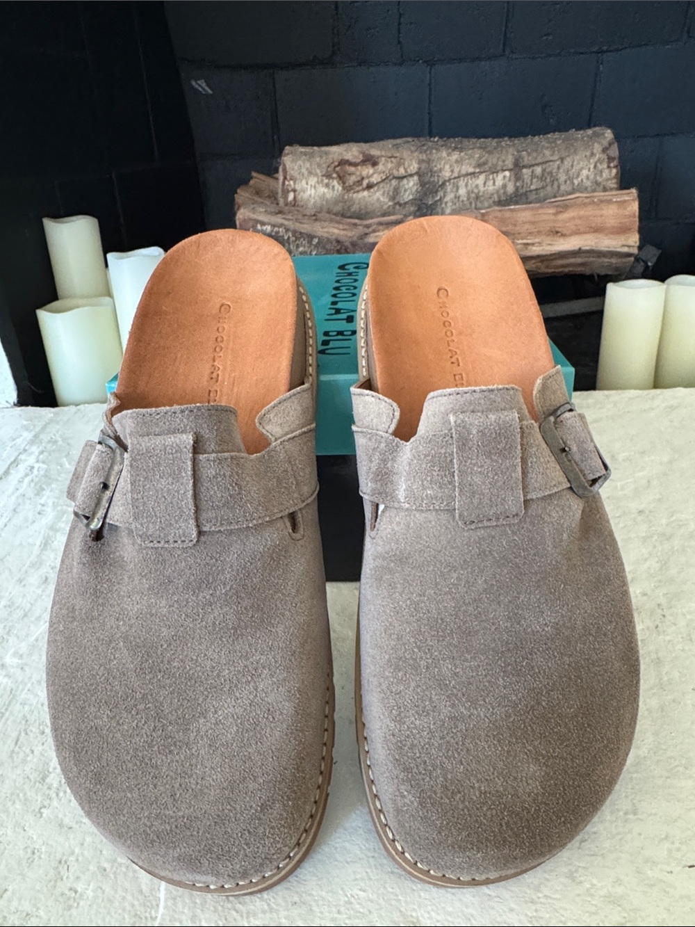 Chocolat Blu Yuko Taupe Suede Slip-On Clogs with Buckle